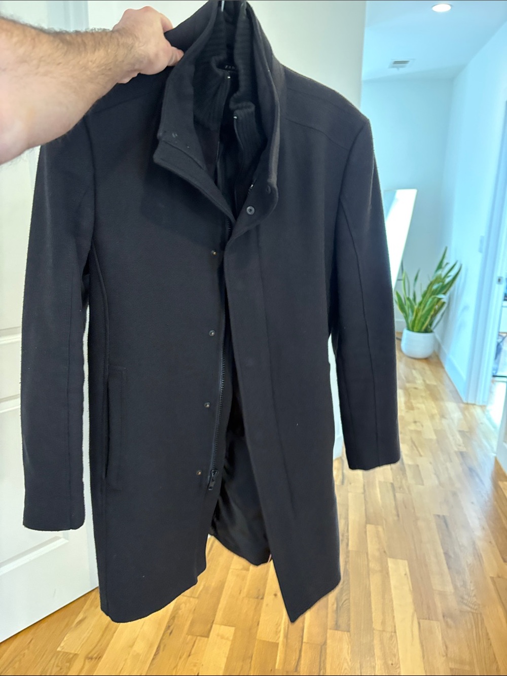 Zara Men's Black Pea Coat with Stand Collar